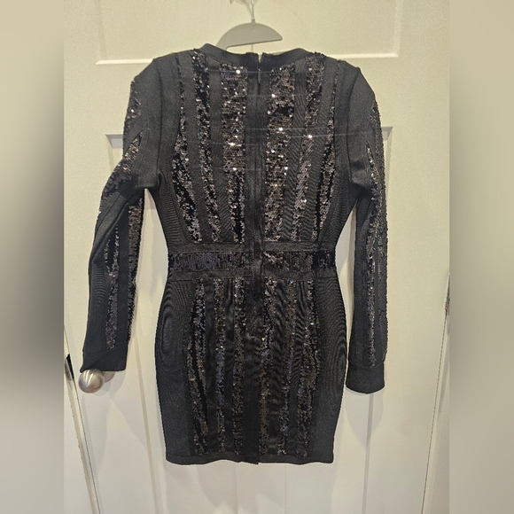 "Fashion Nova Black Sequin Long Sleeve Bodycon Mini Dress Size M" - Picture 5 of 9